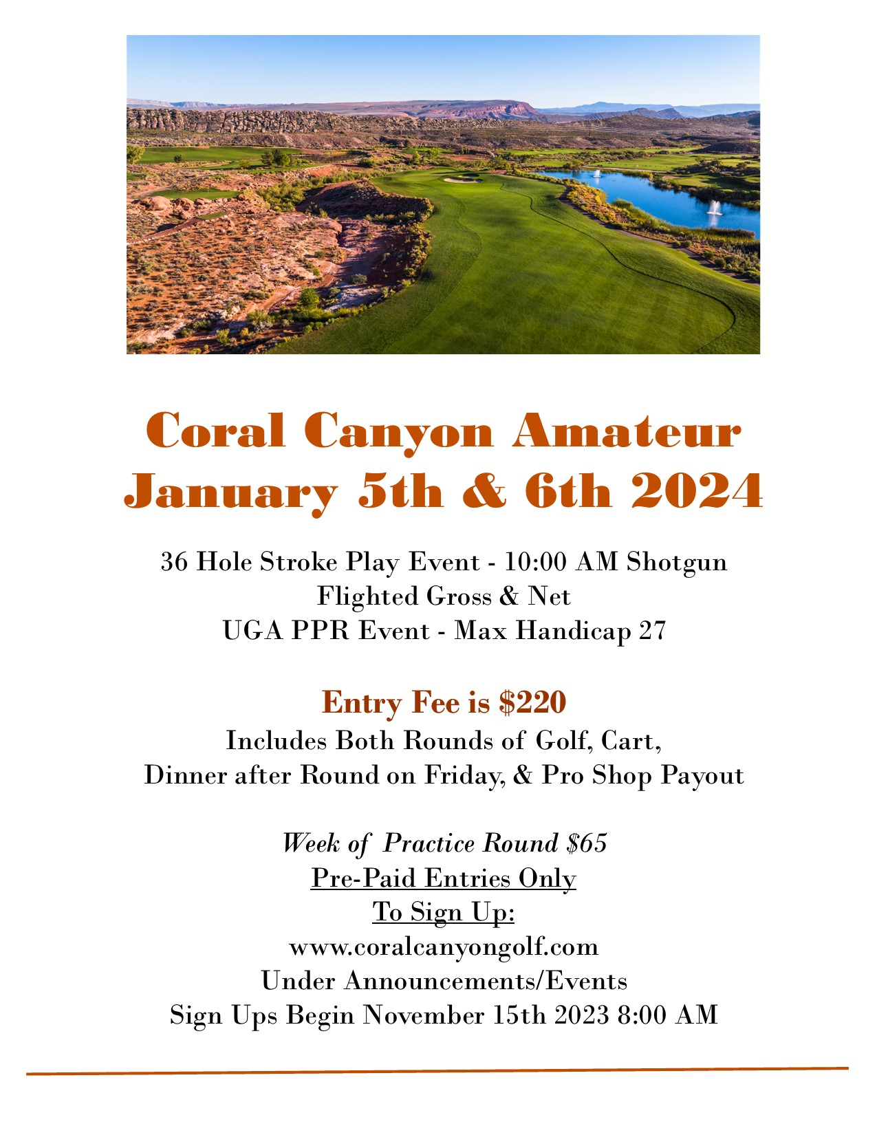 Coral Canyon Golf Course | Announcements / Events - (October 2023) Coral Canyon Golf Course Announcements / Events – (October 2023) CCGC 2024 Amateur Tournament Event (Flyer)