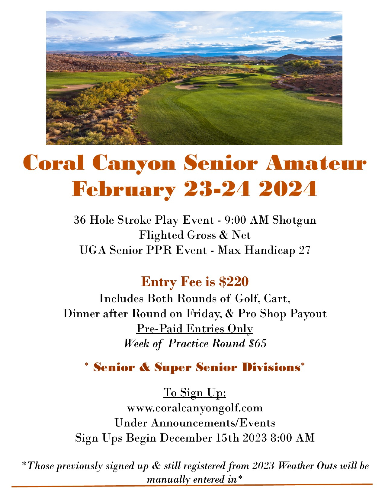 Coral Canyon Golf Course | Announcements / Events - (November 2023) Coral Canyon Golf Course Announcements / Events – (November 2023) CCGC 2024 Senior Amateur Tournament Event (Flyer)