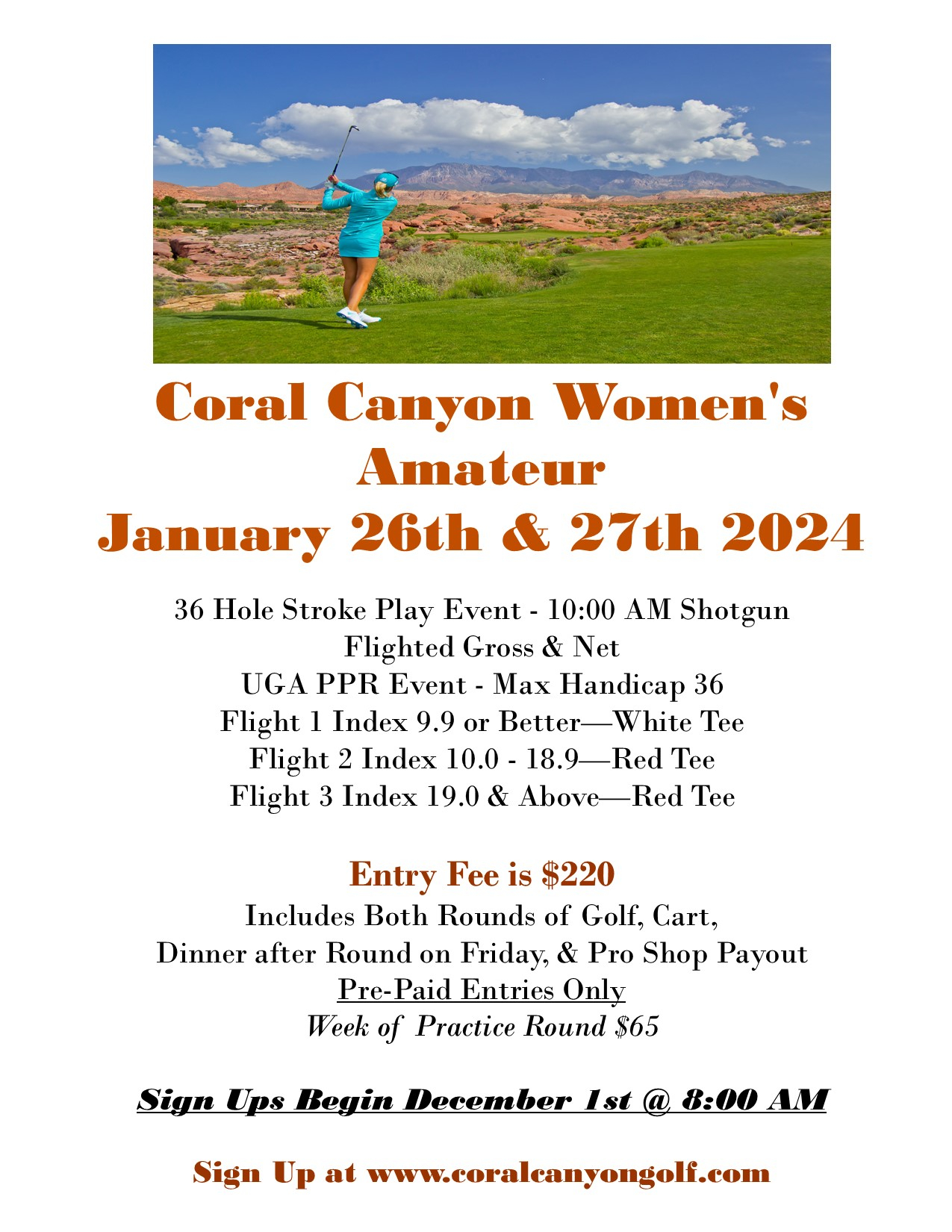 Coral Canyon Golf Course | Announcements / Events - (November 2023) Coral Canyon Golf Course Announcements / Events – (November 2023) CCGC 2024 Women's Amateur Tournament Event (Flyer)